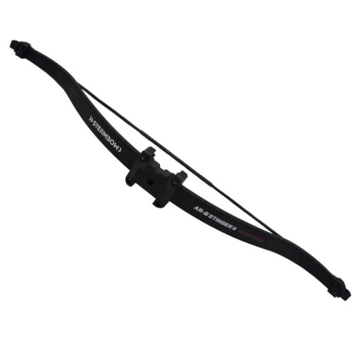 Black archery bow with a central riser and two curved limbs, labeled AR-6 Stinger II Advanced.