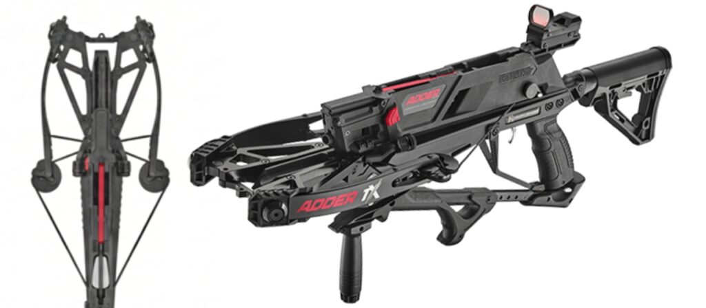Two modern crossbows shown side by side a vertical field crossbow on the left and a compact tactical crossbow with stock and grip on the right for close up viewing