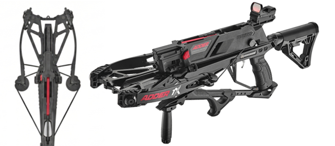Two modern crossbows shown side by side a vertical field crossbow on the left and a compact tactical crossbow with stock and grip on the right for close up viewing