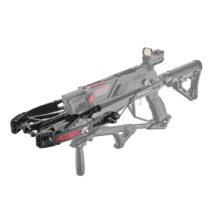 Toy crossbow style blaster with a scope gray and black body red accents and a folding stock