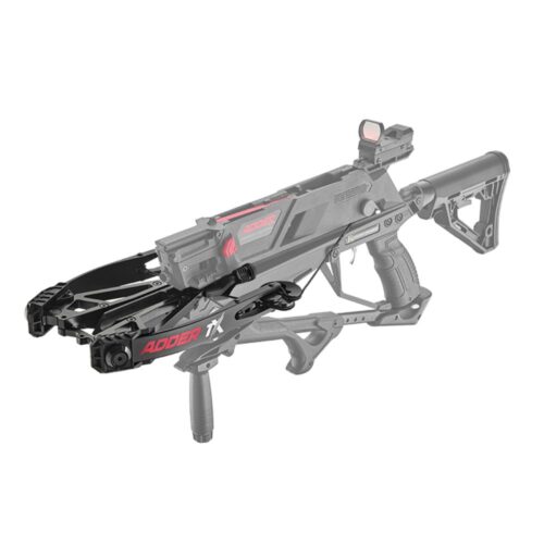 Toy crossbow-style blaster with a scope, gray and black body, red accents, and a folding stock.