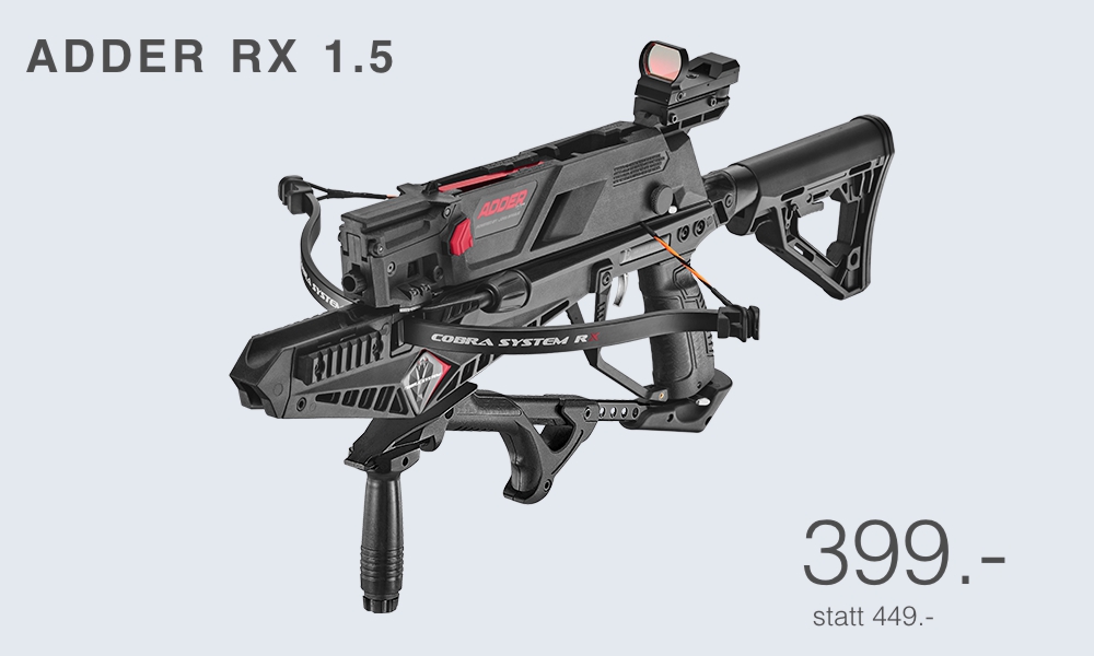 Adder RX 15 crossbow style weapon with stock and scope rail on a light blue background price 399