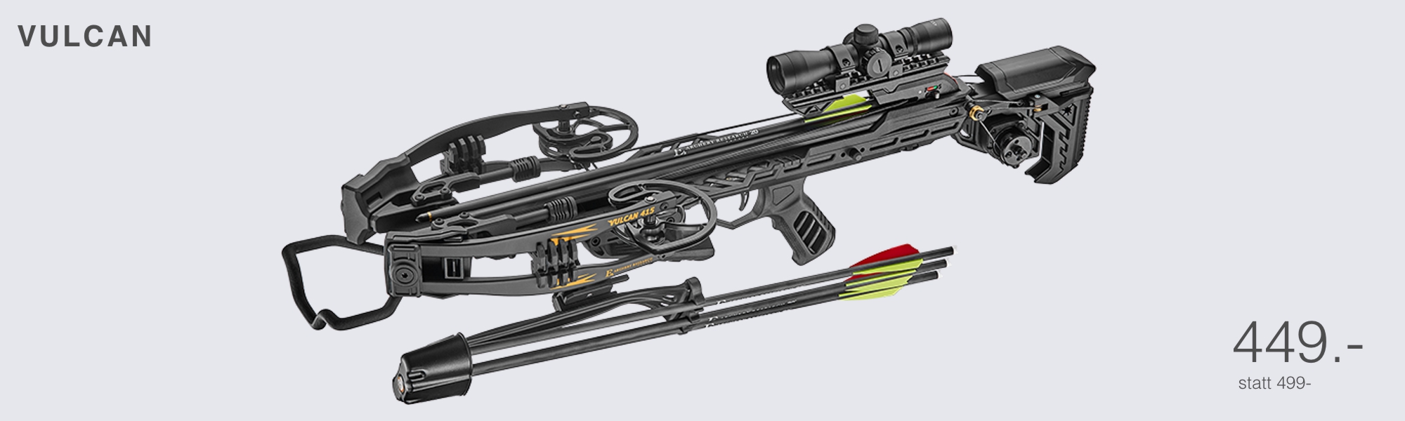 Vulcan compound crossbow with scope and three arrows shown with scope mounted and price 449 