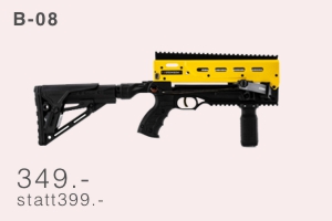 Product B 08 black tactical rifle with a yellow railhandguard on a pale pink background price 349  was 399 