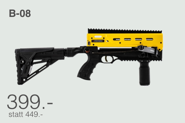 B 08 blaster style rifle with a yellow top section and black body featuring an adjustable stock and grip price shown as 399€ was 449€