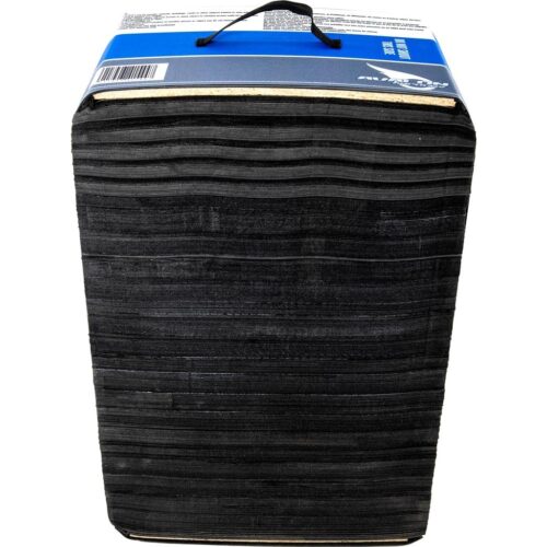 Stack of black foam sheets bound in blue packaging with a handle on top, viewed from the side used for cushioning material.