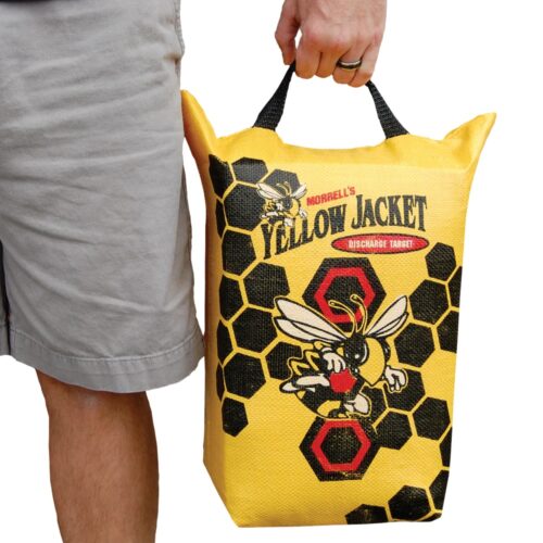Yellow tote bag with a bee logo and honeycomb pattern being held by a person in gray shorts; the bag reads 'Yellow Jacket' and 'Discharge Target'.