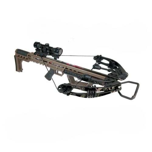 Brown camouflage compound crossbow with scope and adjustable stock on a white background