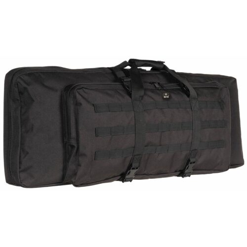 Black tactical gear bag with MOLLE webbing and two carrying handles; zippered compartments for equipment storage.