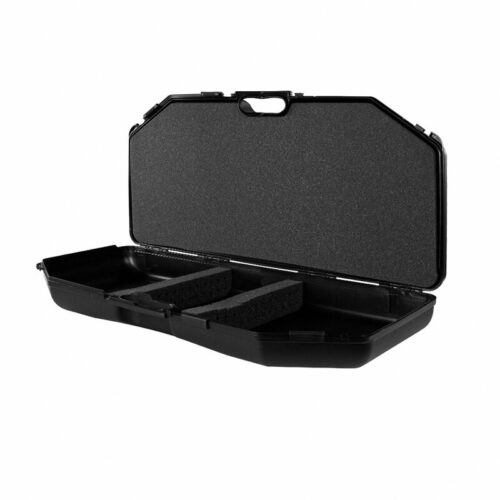 Open black hard case with foam inserts for organizing and protecting gear during transport.