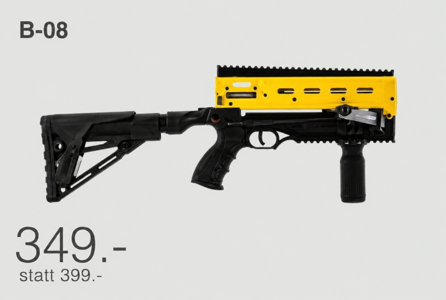 B08349statt399 | Slingshots Switzerland | Slingshots Switzerland Toy rifle style toy with black stock and yellow panel shown in an ad with price 349 was 399