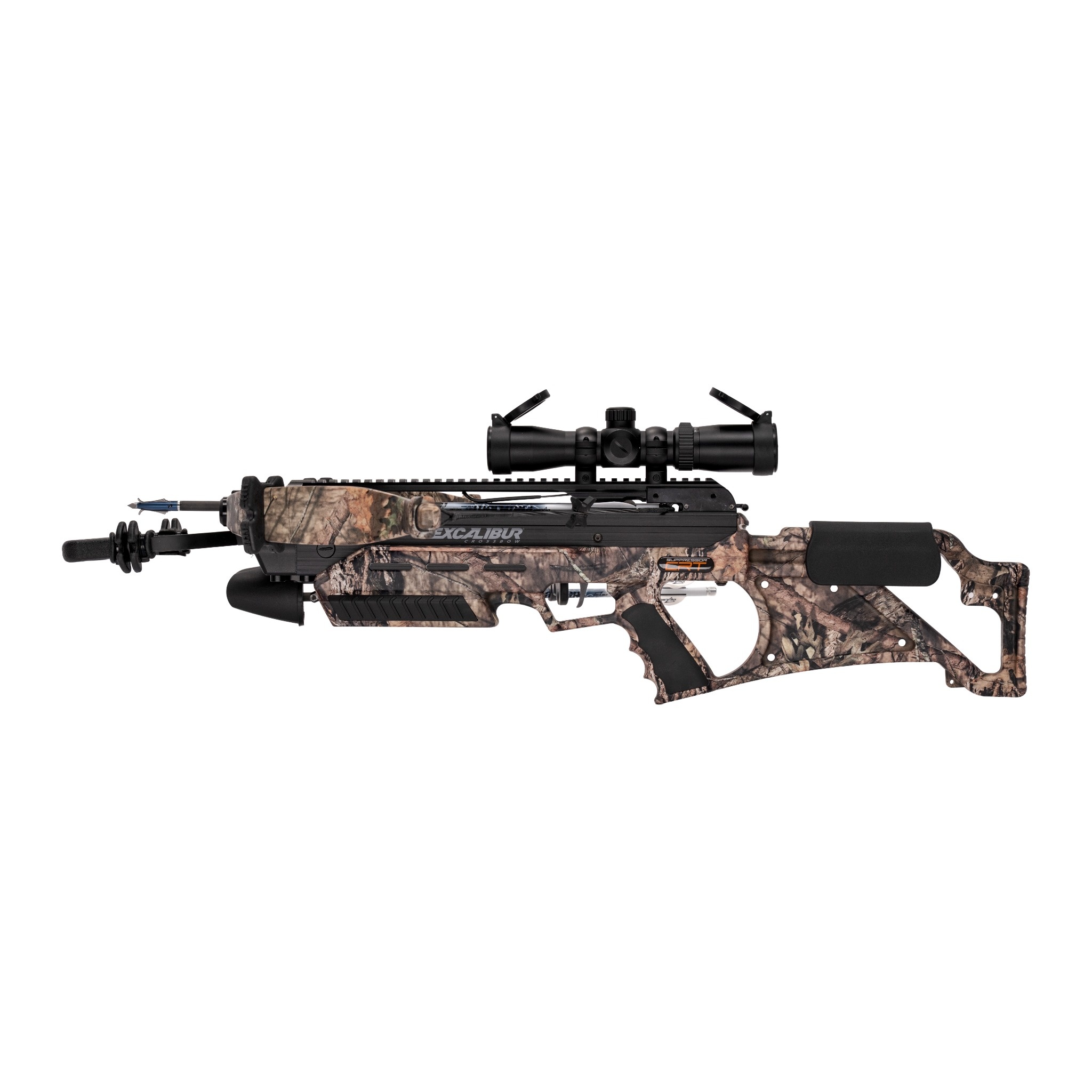 Excalibur Suppressor CRT | Slingshots Switzerland Camouflage pattern rifle with a mounted scope and long barrel shown against a white background informational image