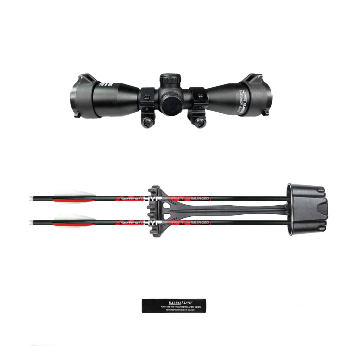 ss01238kivitalxlieferumfang | Slingshots Switzerland Lieferumfang der KI Vital X mit Lumix Zielfernrohr zwei Hypr V Bolzen Köcher und Wachs