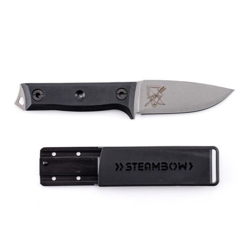 Messer K2 von Steambow mit heller Stonewashed-Klinge und schwarzer Polymerscheide