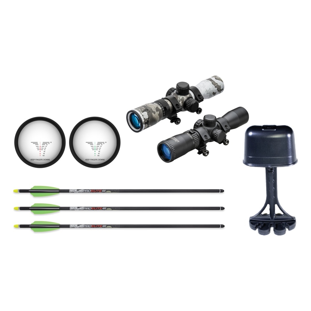 ss01272tenpointturbox2 | Slingshots Switzerland Lieferumfang der Compoundarmbrust TenPoint Turbo X mit Zielfernrohr Bolzen und Köcher