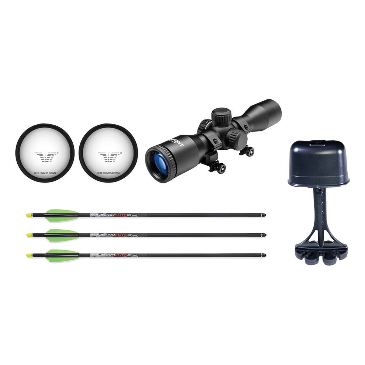 ss01276tenpointtitan4005 | Slingshots Switzerland Lieferumfang der Compoundarmbrust TenPoint Titan 400 mit Zielfernrohr Bolzen und Köcher